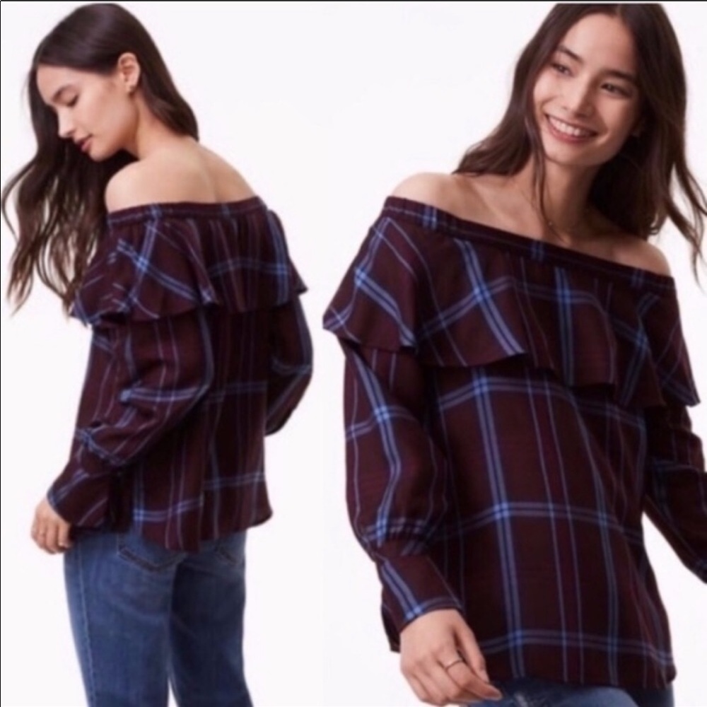 LOFT Plum Plaid Ruffle off the shoulder top